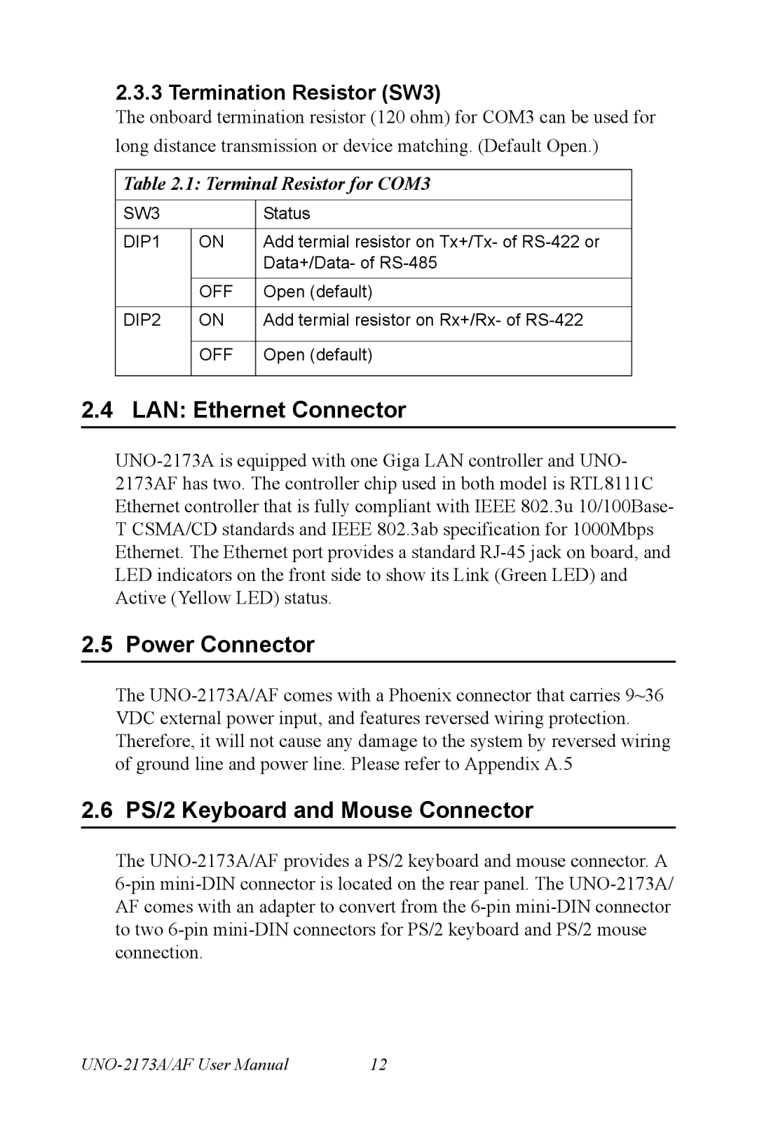 Advantech UNO 2173A/AF user manual LAN Ethernet Connector, Power Connector, PS/2 Keyboard and Mouse Connector 