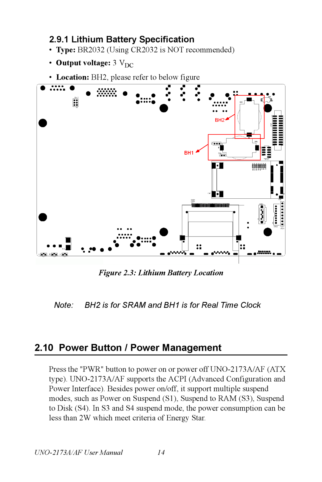 Advantech UNO 2173A/AF user manual Power Button / Power Management, Lithium Battery Specification, Output voltage 3 VDC 