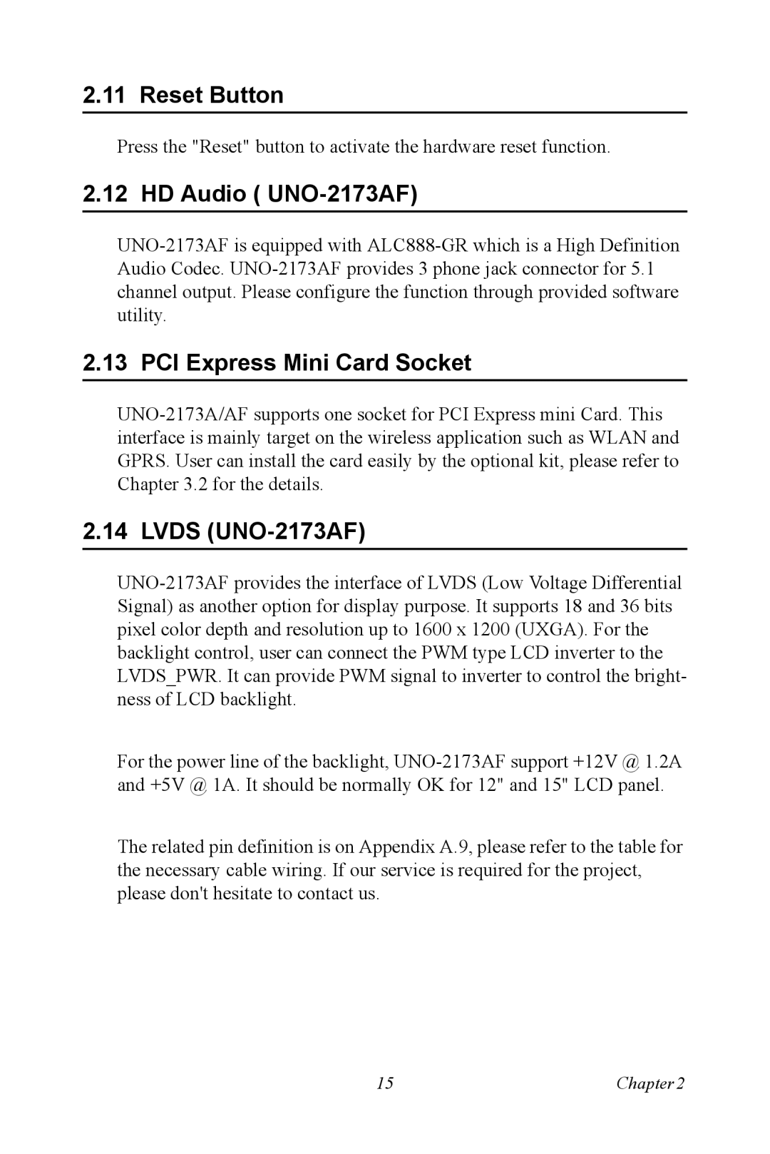 Advantech UNO 2173A/AF user manual Reset Button, HD Audio UNO-2173AF, PCI Express Mini Card Socket, Lvds UNO-2173AF 