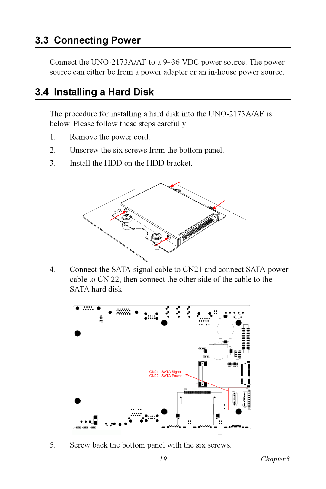 Advantech UNO 2173A/AF user manual Connecting Power, Installing a Hard Disk 