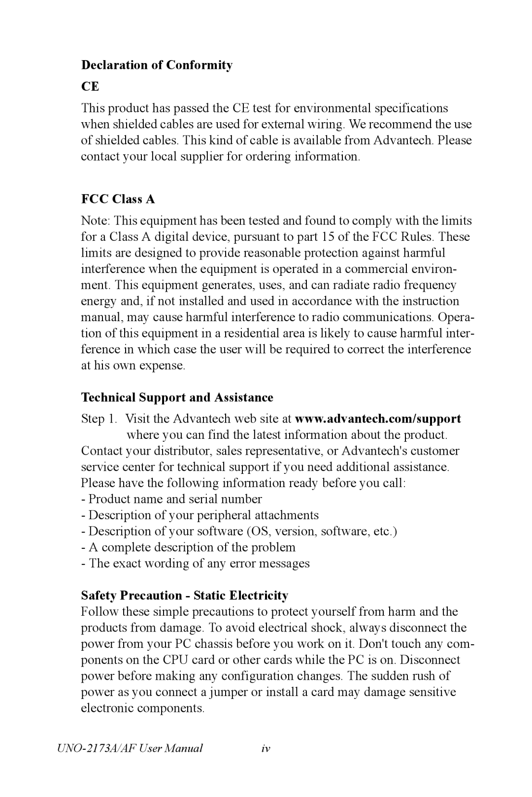 Advantech UNO 2173A/AF user manual Declaration of Conformity, FCC Class a Technical Support and Assistance 
