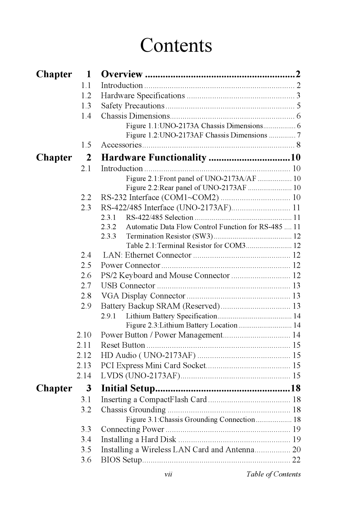 Advantech UNO 2173A/AF user manual Contents 