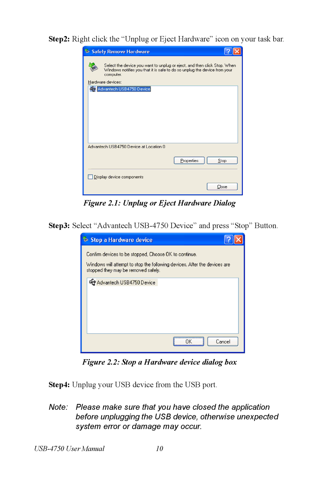 Advantech USB-4750 user manual Unplug or Eject Hardware Dialog 