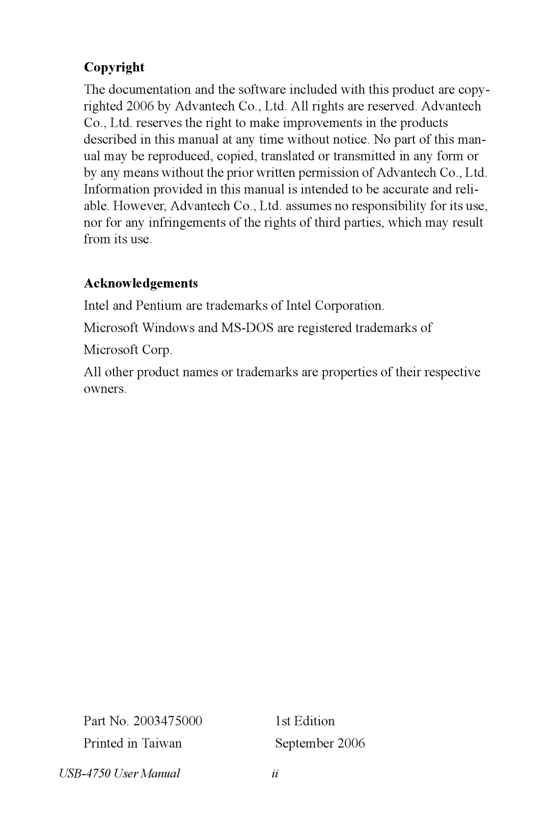 Advantech USB-4750 user manual Copyright Acknowledgements 