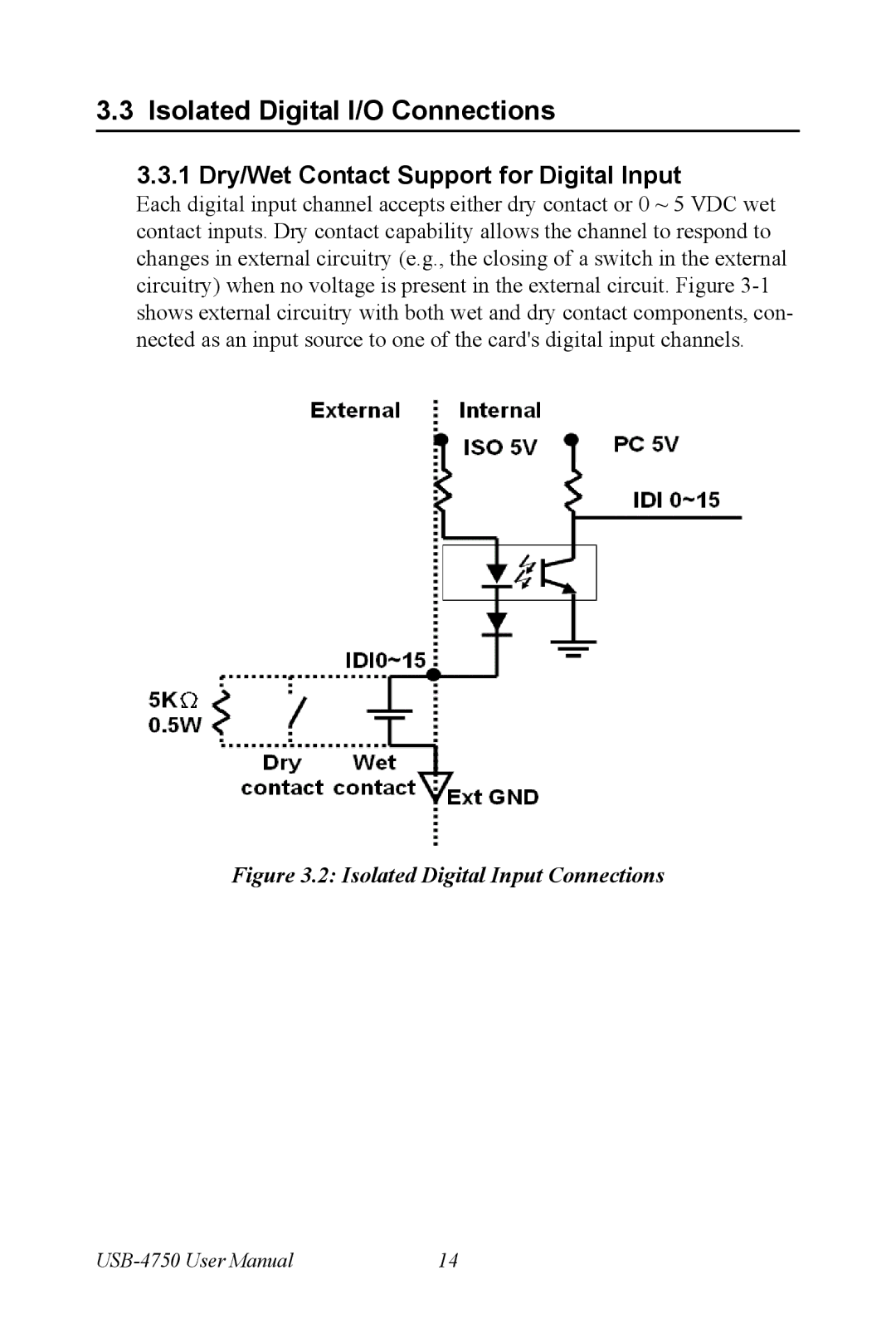 Advantech USB-4750 user manual Isolated Digital I/O Connections, 1 Dry/Wet Contact Support for Digital Input 