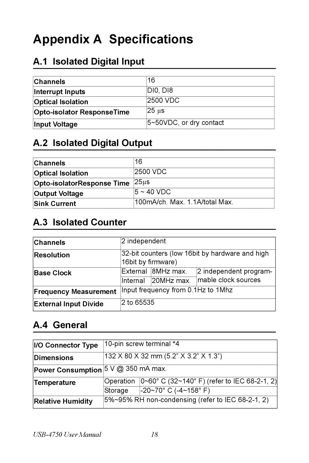 Advantech USB-4750 user manual Isolated Digital Input, Isolated Digital Output, Isolated Counter, General 