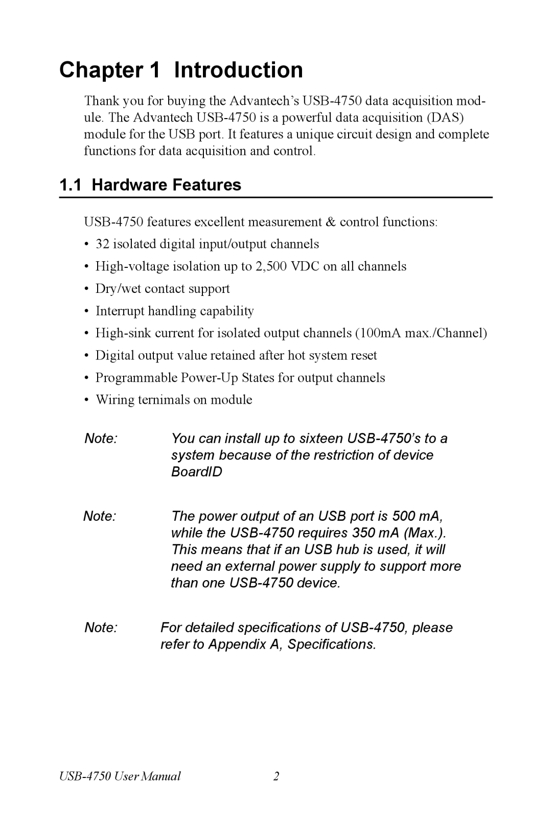 Advantech USB-4750 user manual Hardware Features 