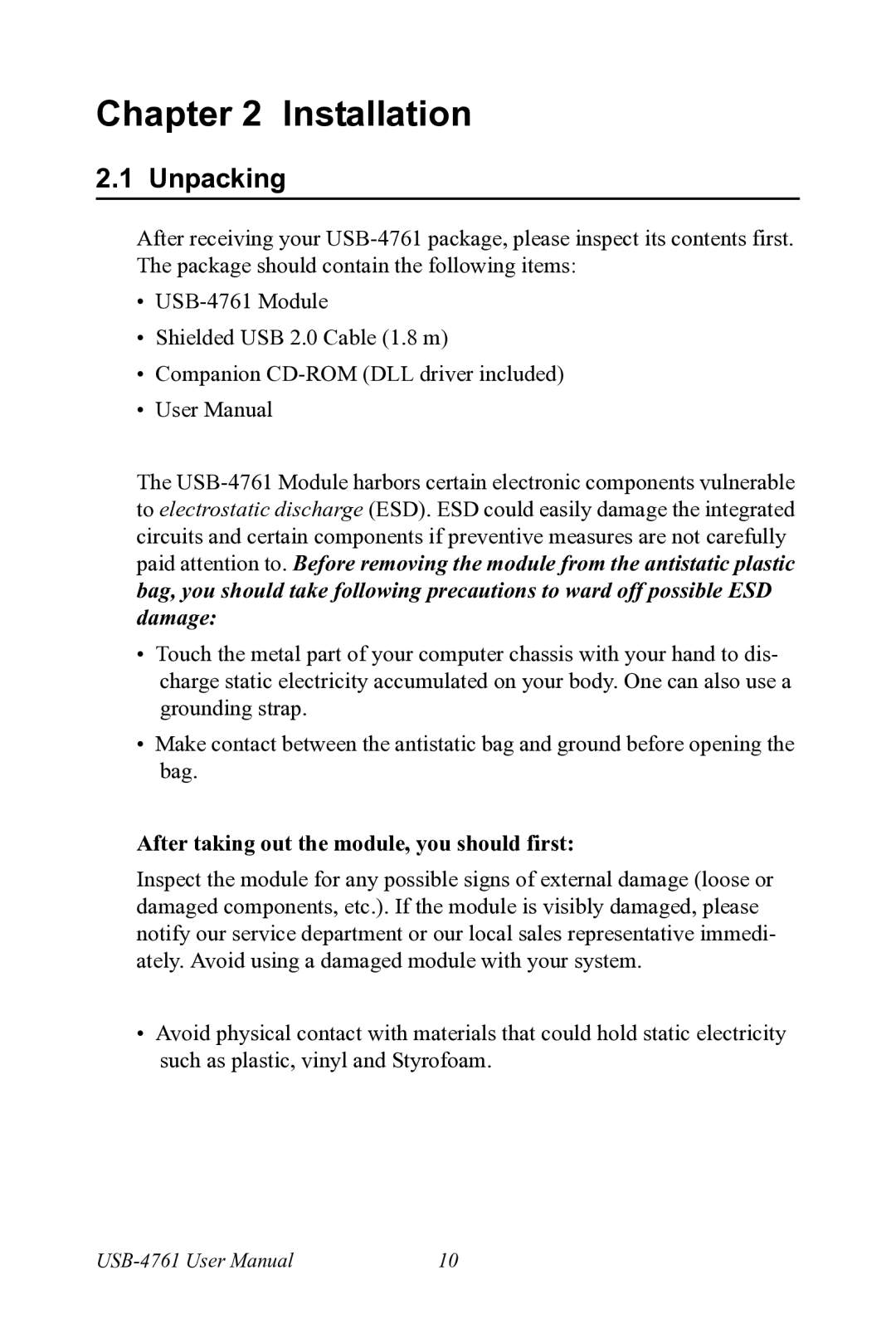 Advantech USB-4761 user manual Unpacking, After taking out the module, you should first 