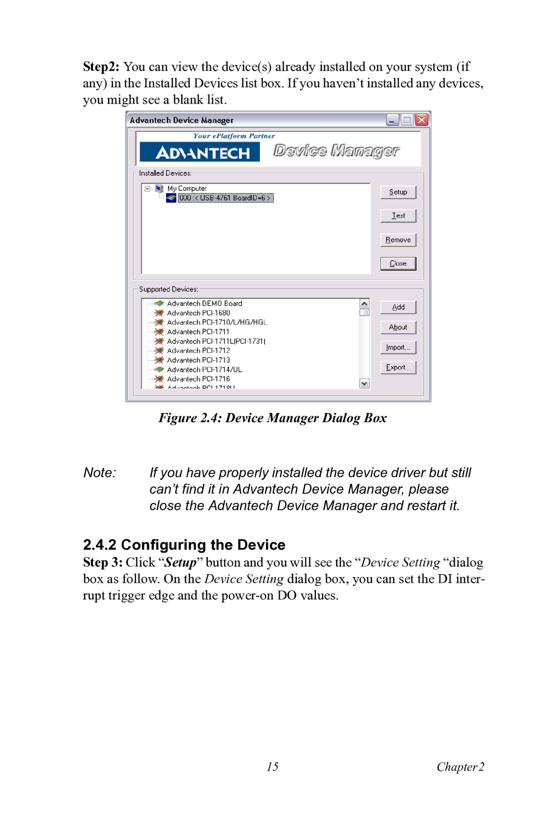 Advantech USB-4761 user manual Configuring the Device, Device Manager Dialog Box 