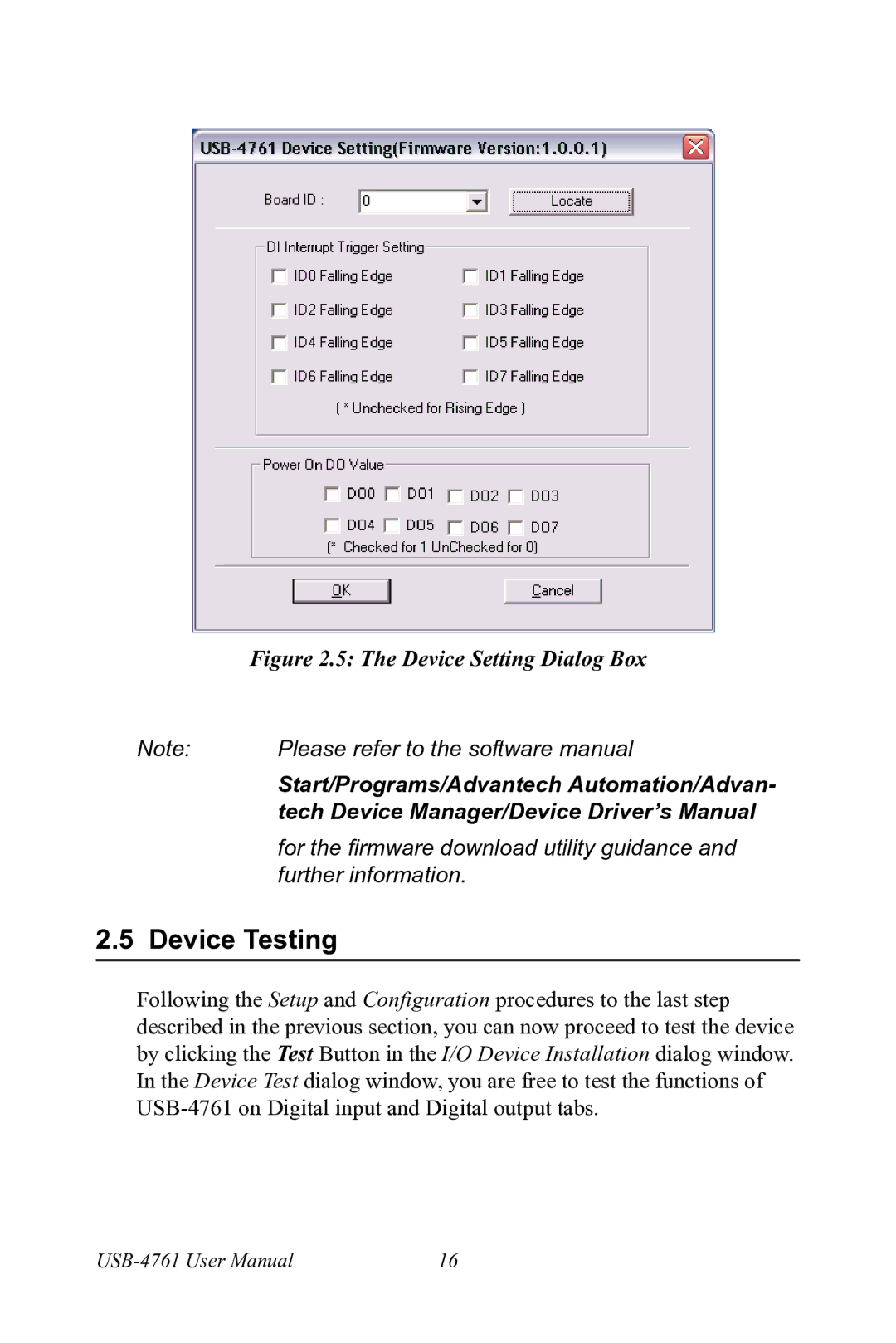 Advantech USB-4761 user manual Device Testing, Device Setting Dialog Box 