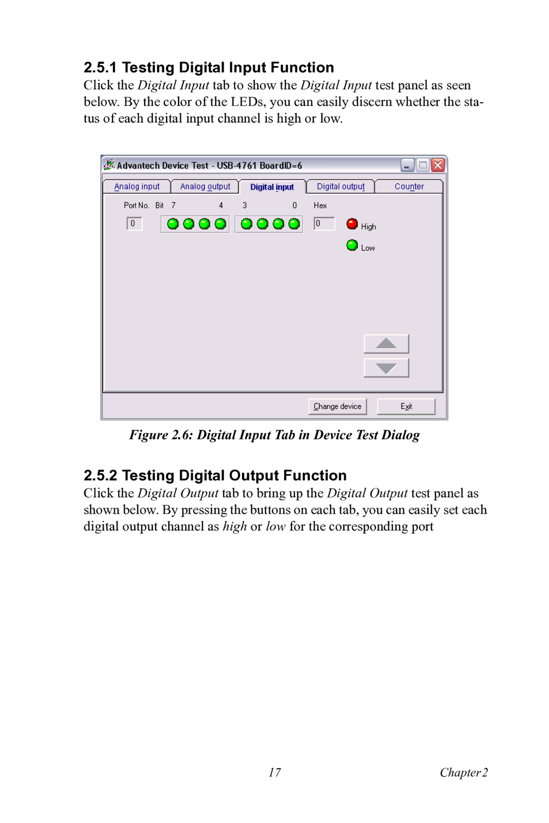 Advantech USB-4761 user manual Testing Digital Input Function, Testing Digital Output Function 