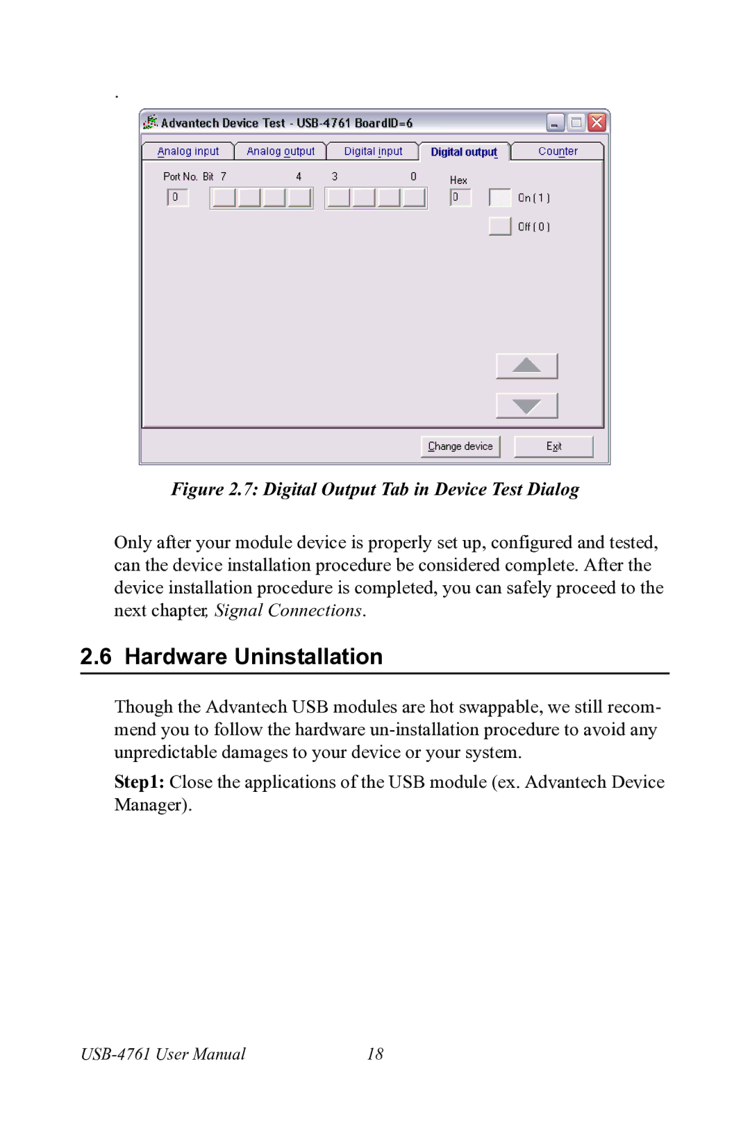 Advantech USB-4761 user manual Hardware Uninstallation, Digital Output Tab in Device Test Dialog 