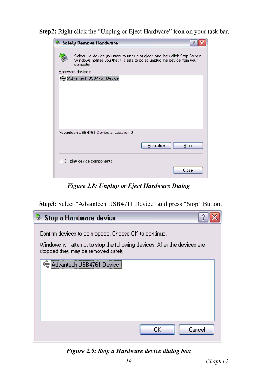 Advantech USB-4761 user manual Unplug or Eject Hardware Dialog 