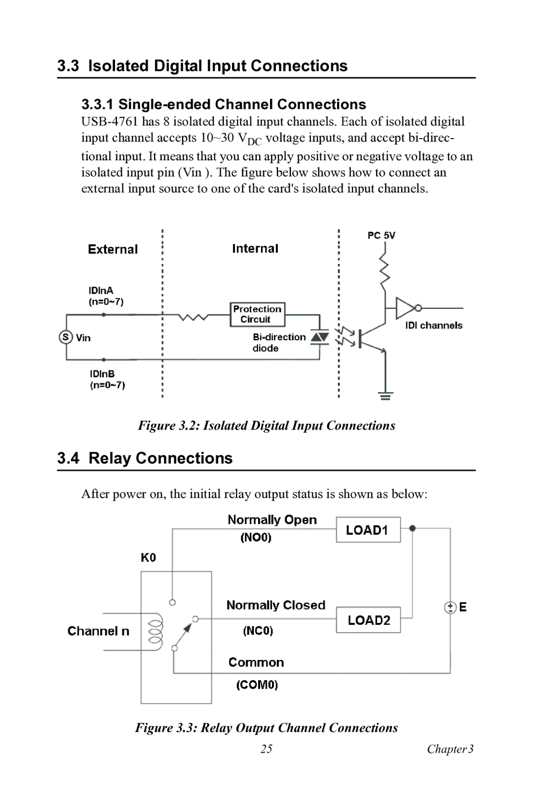 Advantech USB-4761 user manual Isolated Digital Input Connections, Relay Connections, Single-ended Channel Connections 