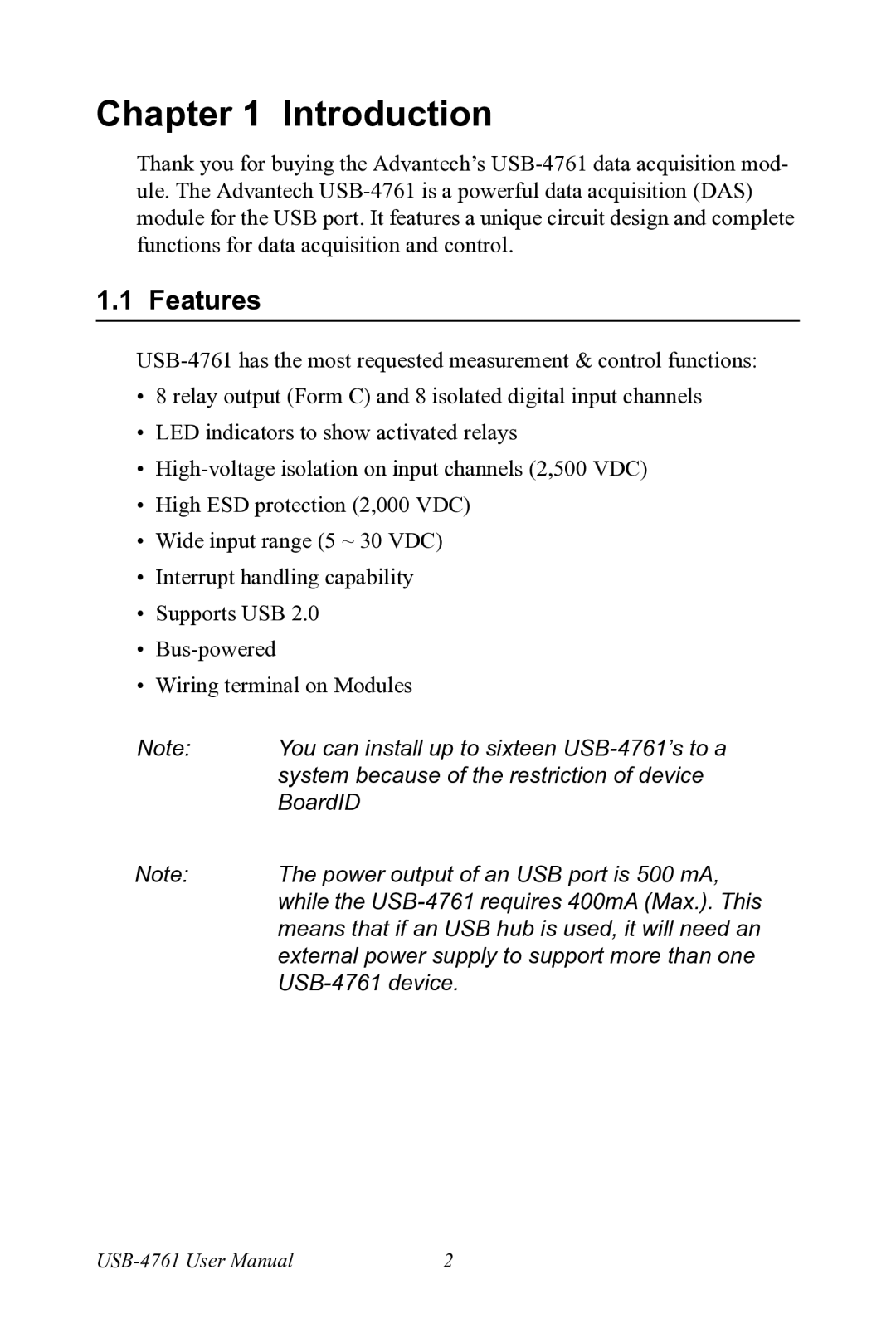 Advantech USB-4761 user manual Features 