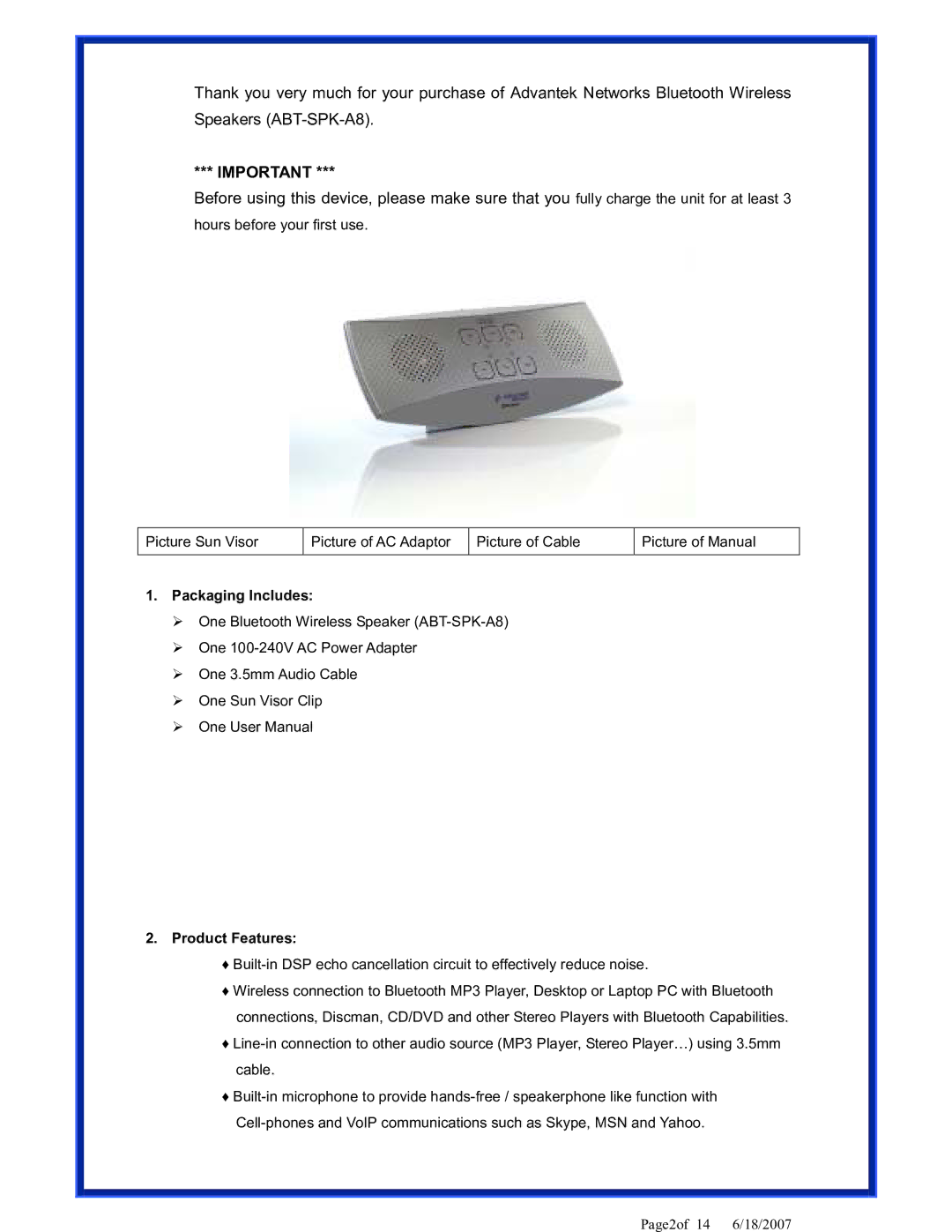 Advantek Networks ABT-SPK-A8 user manual Page2of 14 6/18/2007 