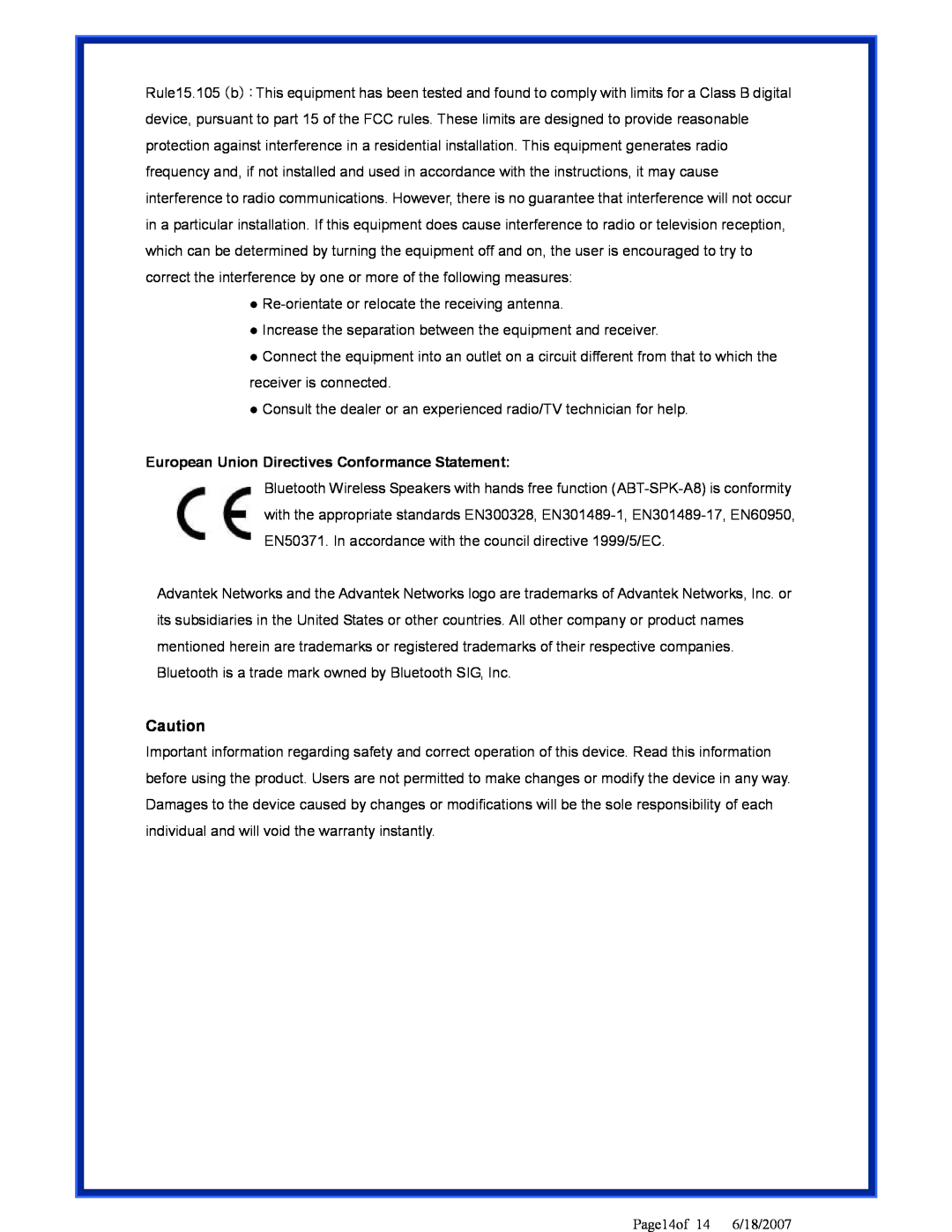 Advantek Networks ABT-SPK-A8 user manual Page14of 14 6/18/2007 