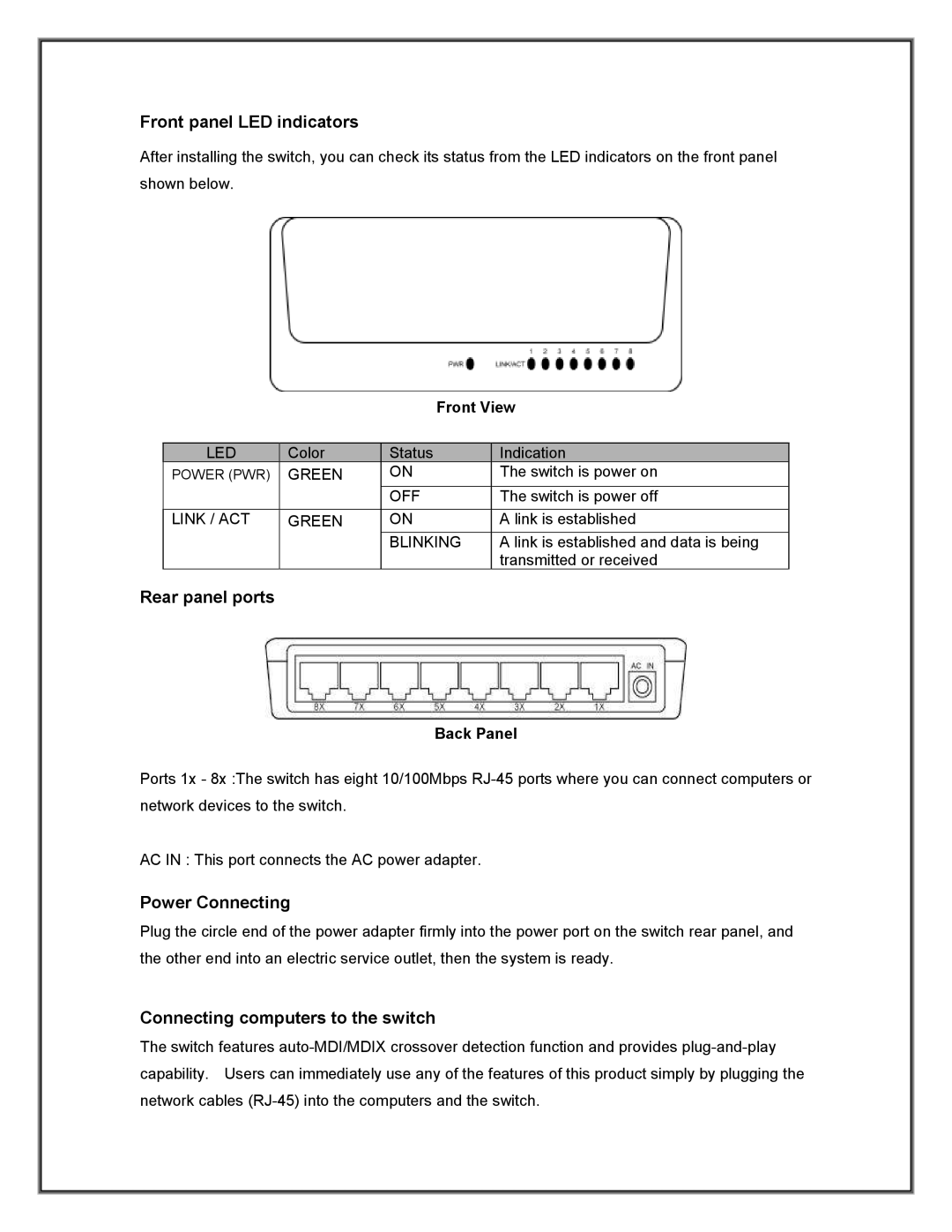 Advantek Networks ANS-08P manual Front panel LED indicators, Rear panel ports, Power Connecting 