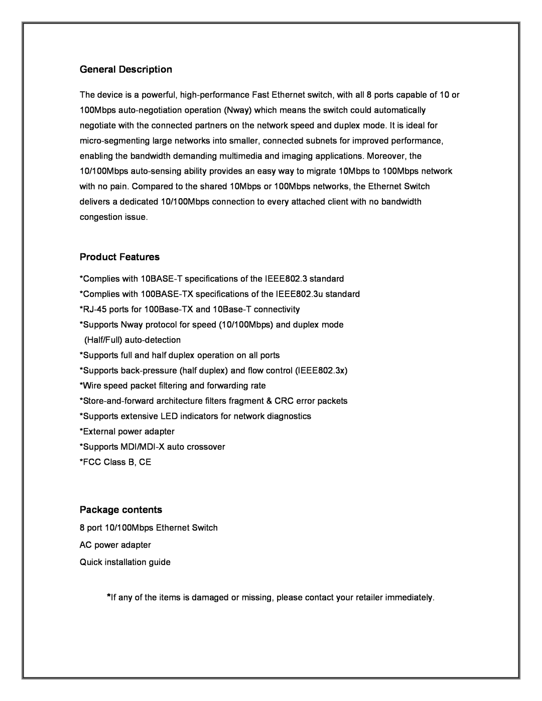 Advantek Networks ANS-08P manual General Description, Product Features, Package contents 