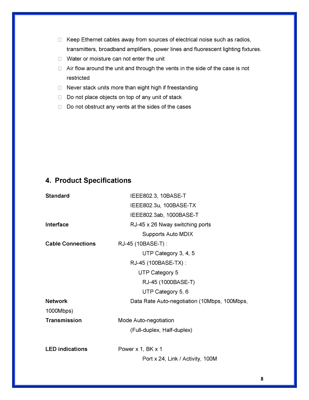 Advantek Networks ANS-2402G user manual Product Specifications 