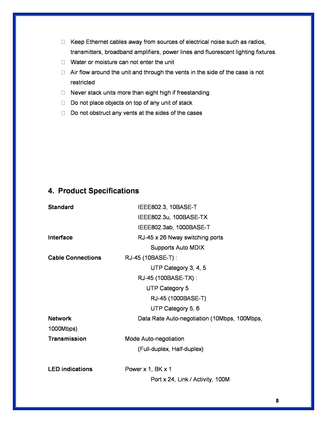Advantek Networks ANS-2402G user manual Product Specifications 
