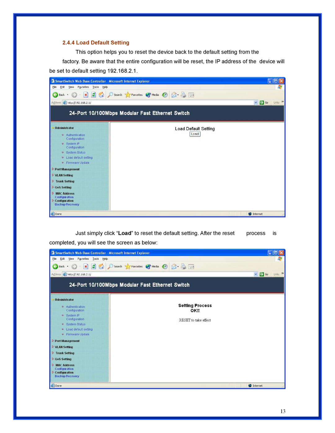 Advantek Networks ANS-24RV user manual Load Default Setting 