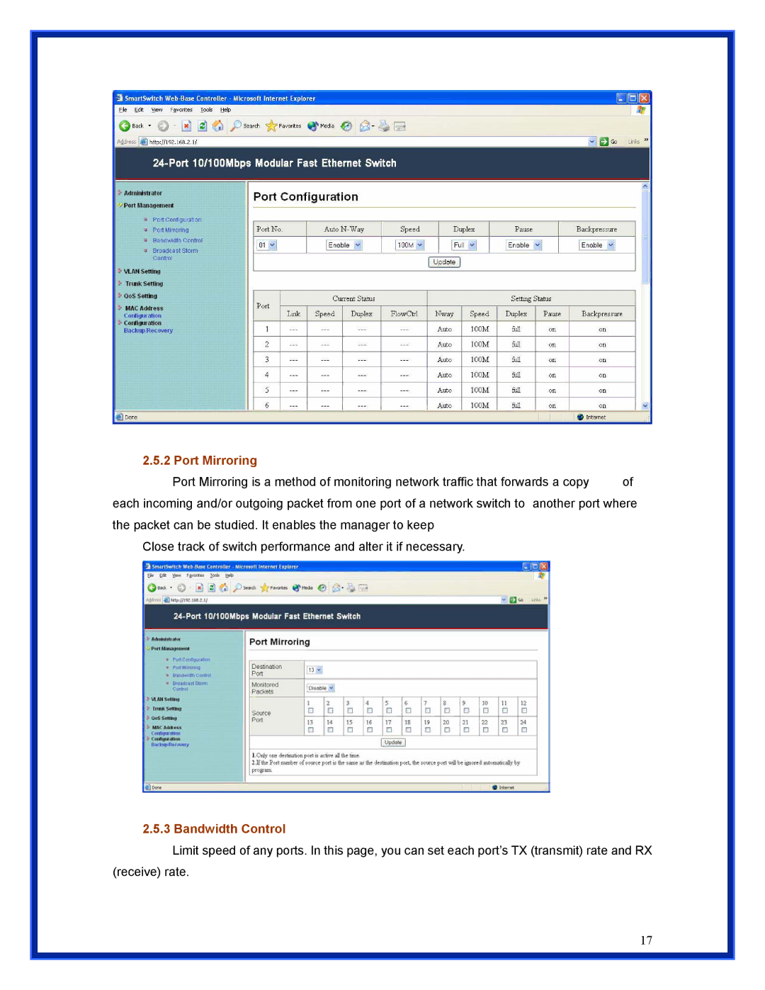 Advantek Networks ANS-24RV user manual Port Mirroring, Bandwidth Control 