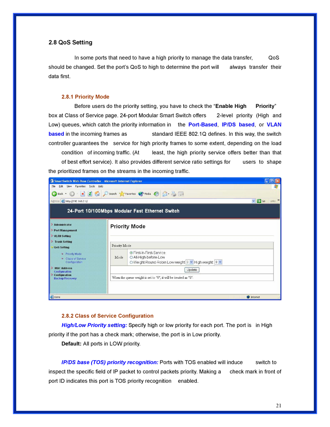 Advantek Networks ANS-24RV user manual QoS Setting, Priority Mode, Class of Service Configuration 