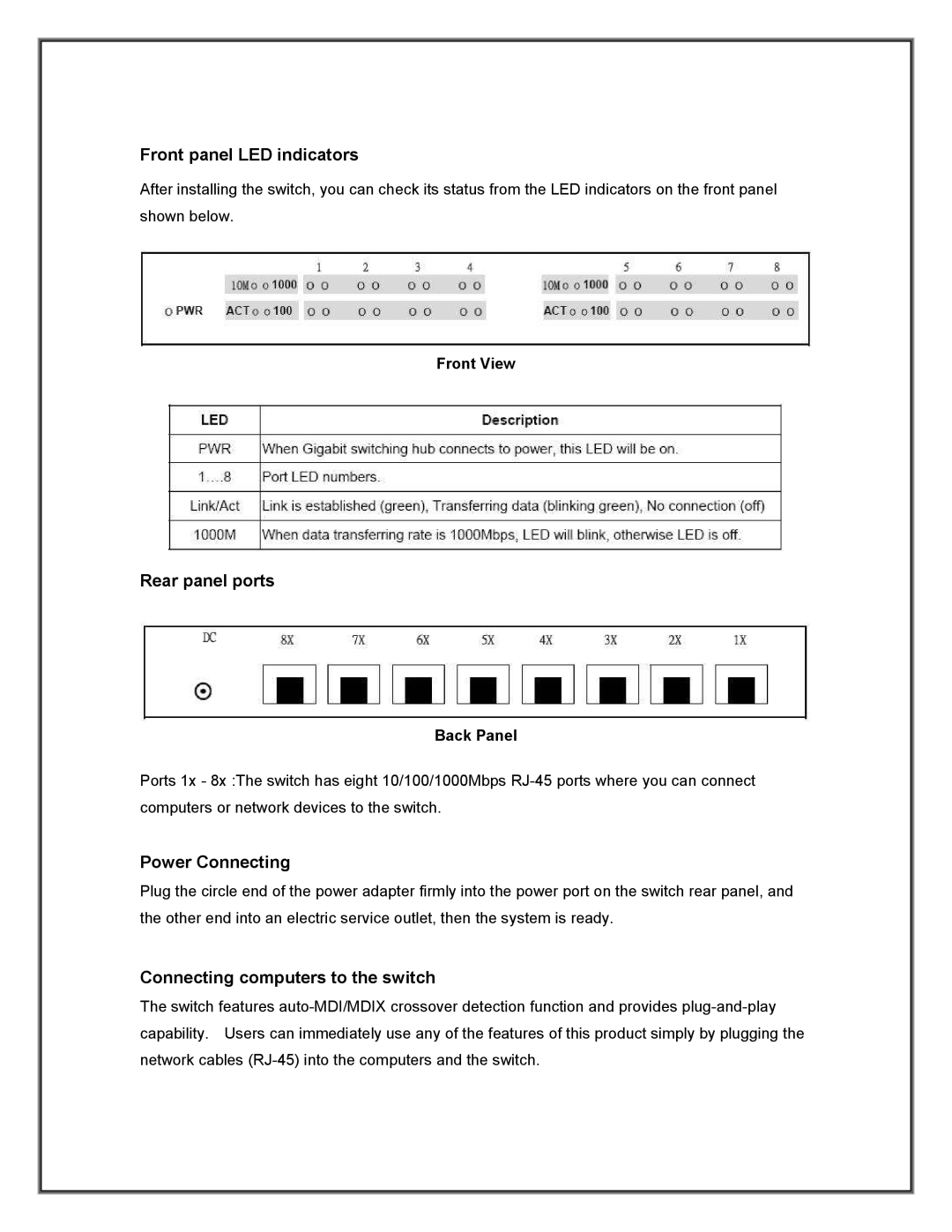 Advantek Networks ANS-800P manual Front panel LED indicators, Rear panel ports, Power Connecting 