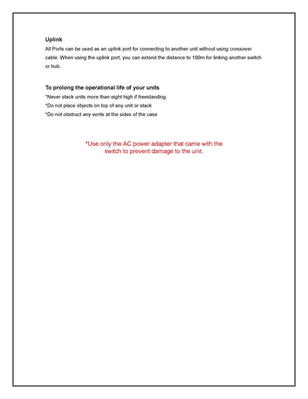 Advantek Networks ANS-800P manual Uplink, To prolong the operational life of your units 