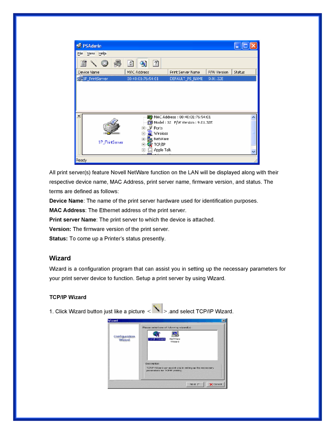 Advantek Networks APS-U3100 user manual TCP/IP Wizard 