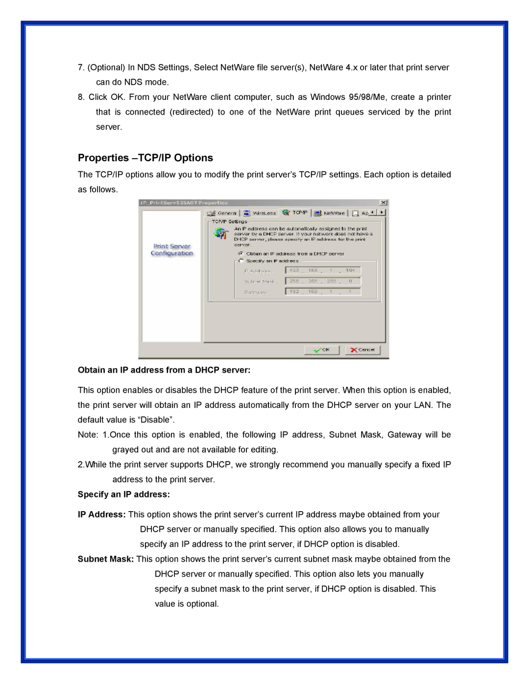 Advantek Networks APS-U3100 Properties -TCP/IP Options, Obtain an IP address from a Dhcp server, Specify an IP address 