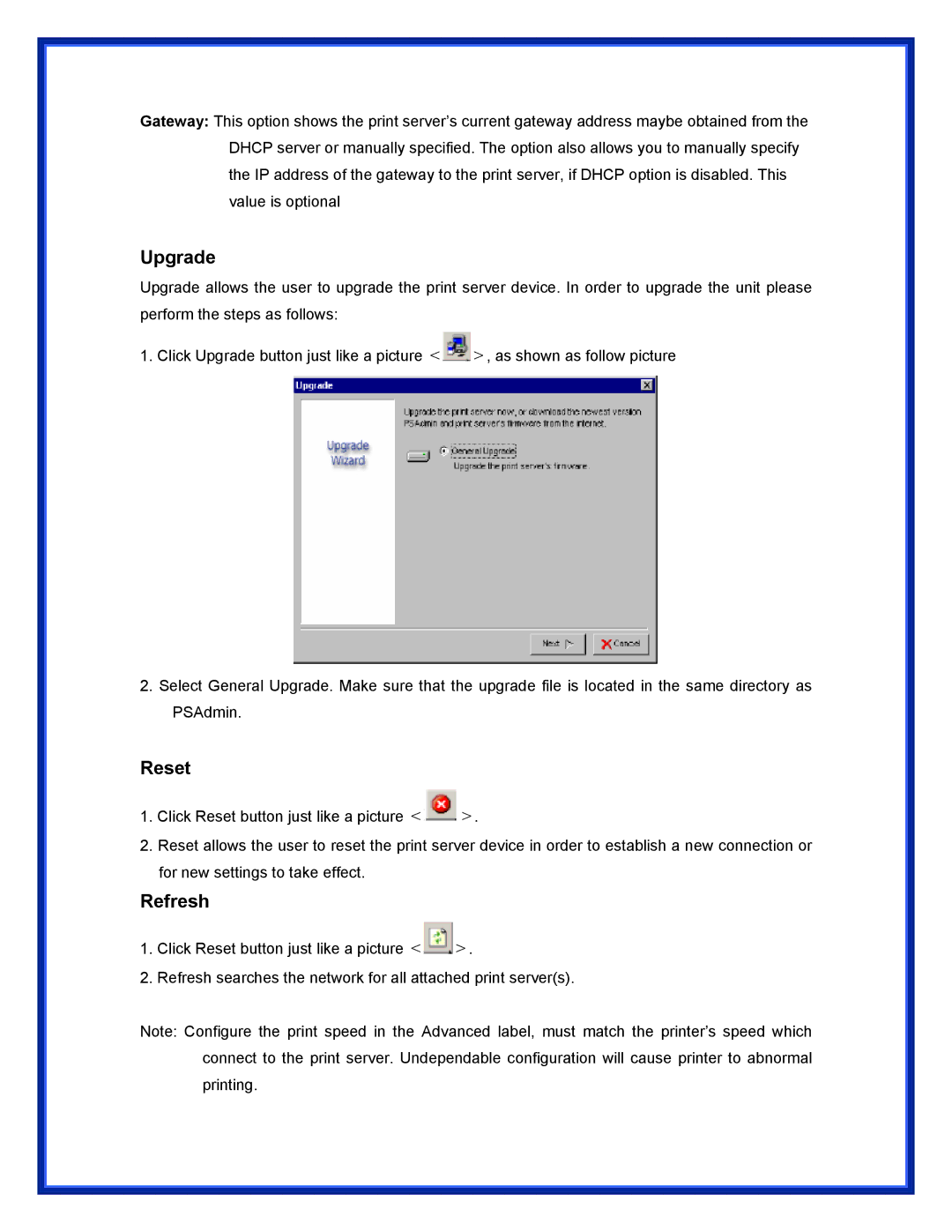 Advantek Networks APS-U3100 user manual Upgrade, Reset, Refresh 