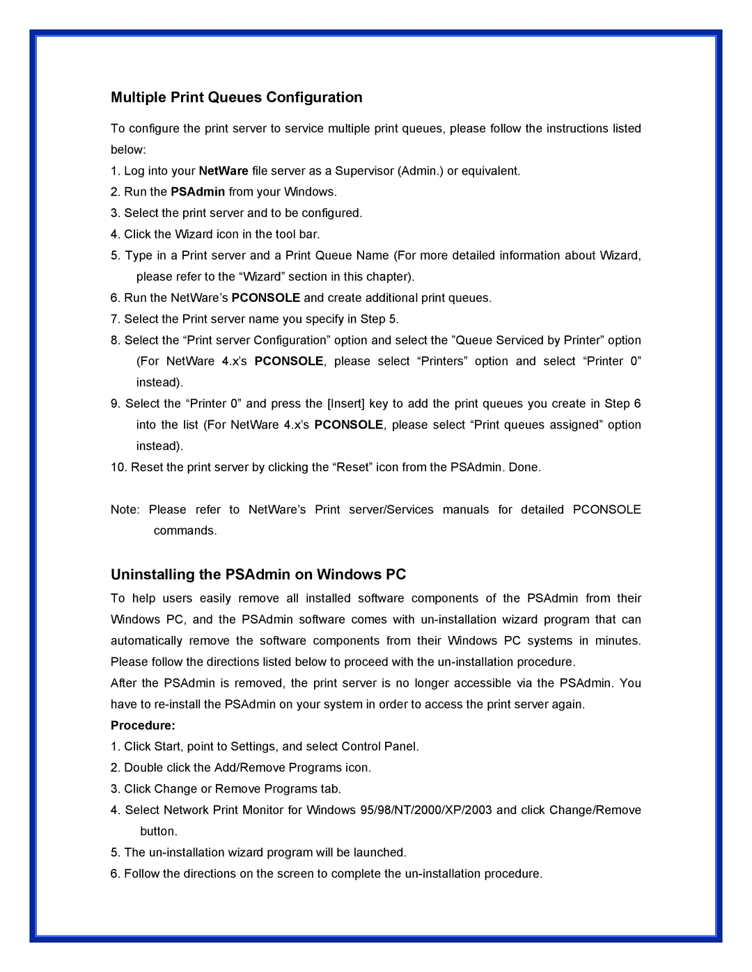 Advantek Networks APS-U3100 Multiple Print Queues Configuration, Uninstalling the PSAdmin on Windows PC, Procedure 