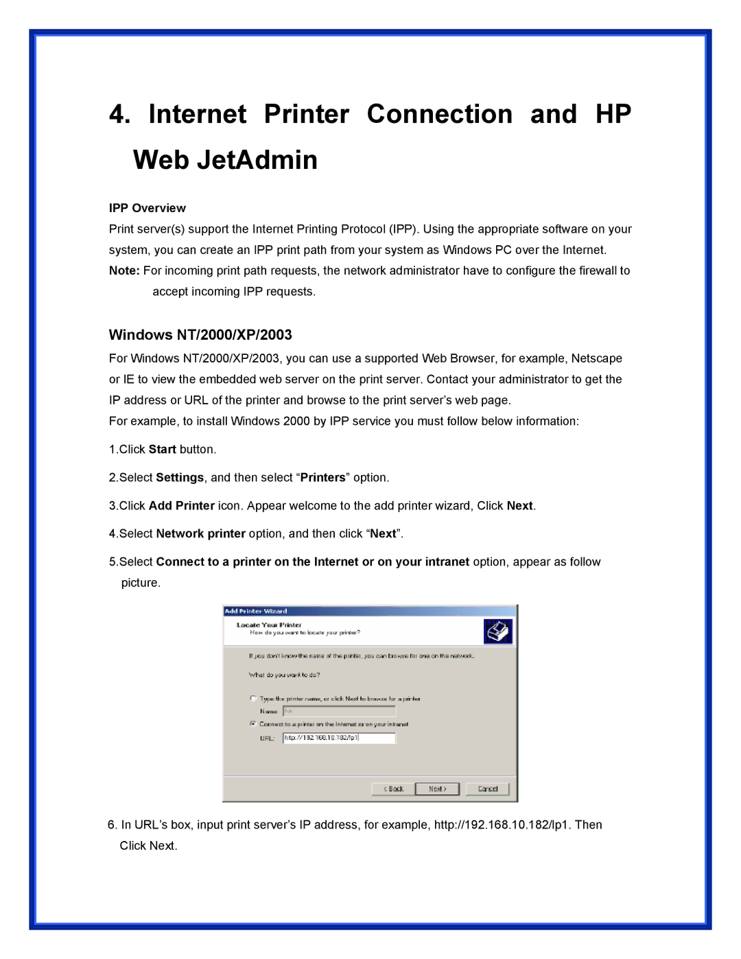 Advantek Networks APS-U3100 Internet Printer Connection and HP Web JetAdmin, Windows NT/2000/XP/2003, IPP Overview 