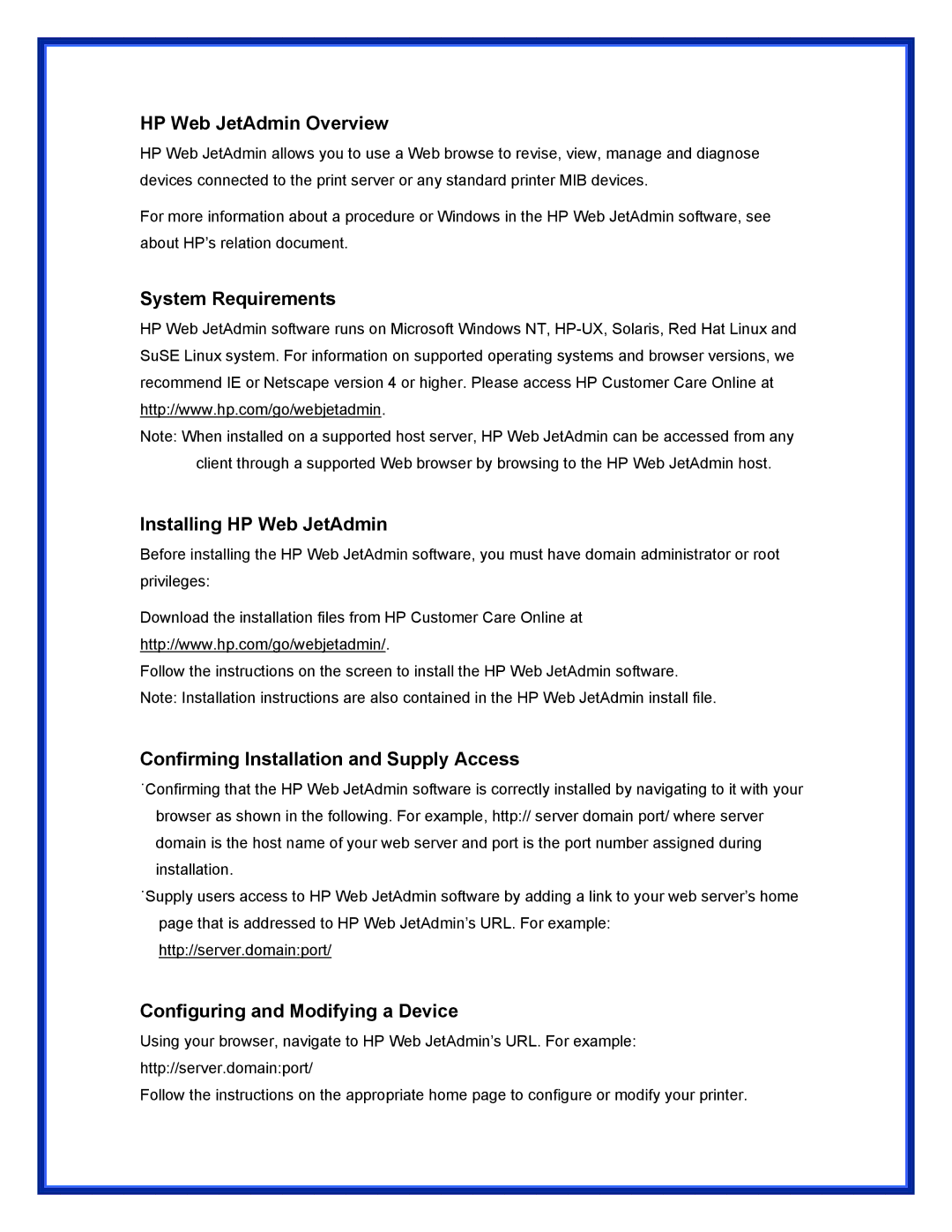 Advantek Networks APS-U3100 user manual HP Web JetAdmin Overview, System Requirements Installing HP Web JetAdmin 