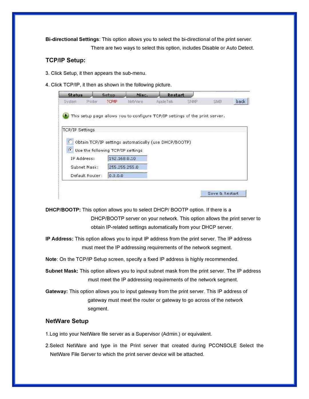 Advantek Networks APS-U3100 user manual TCP/IP Setup, NetWare Setup 