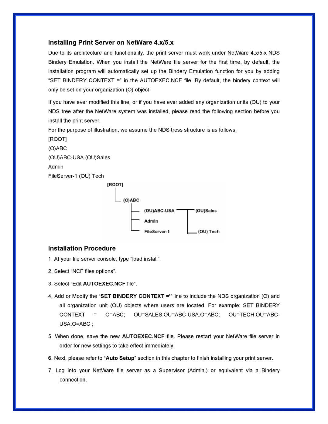 Advantek Networks APS-U3100 user manual Installing Print Server on NetWare 4.x/5.x, Installation Procedure 