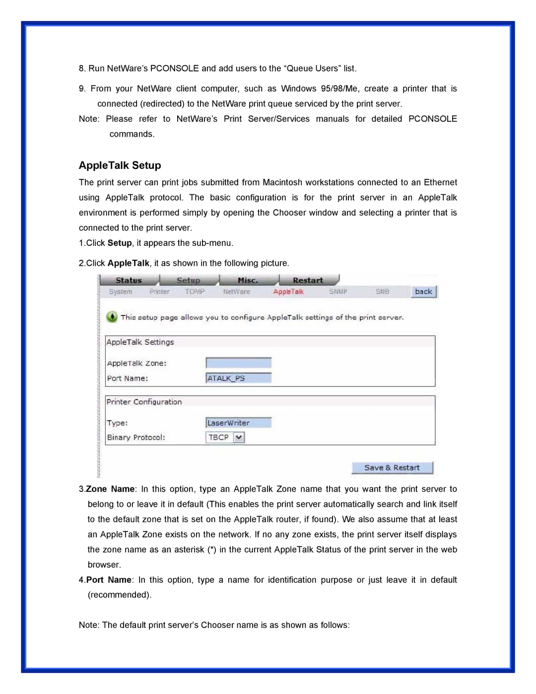 Advantek Networks APS-U3100 user manual AppleTalk Setup 