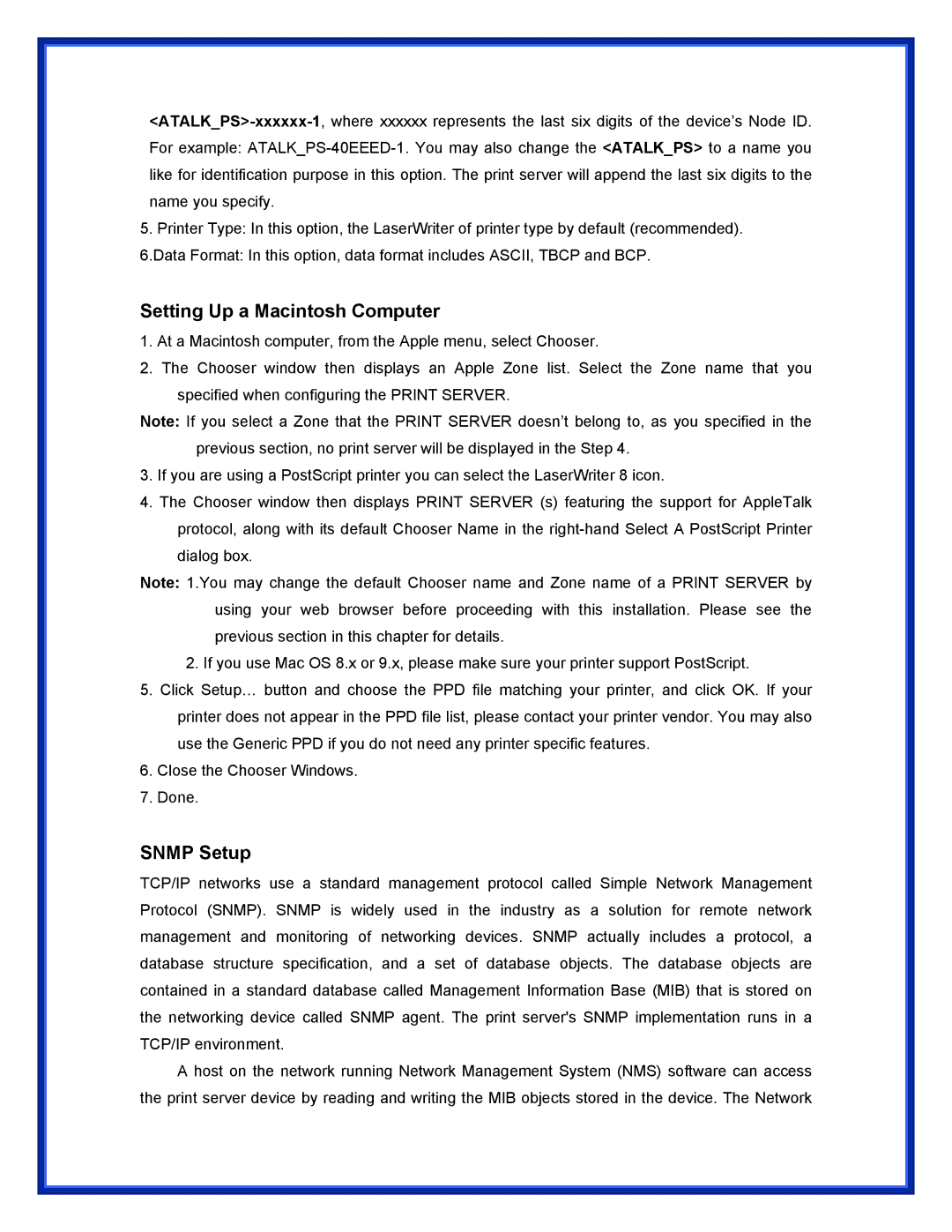 Advantek Networks APS-U3100 user manual Setting Up a Macintosh Computer, Snmp Setup 