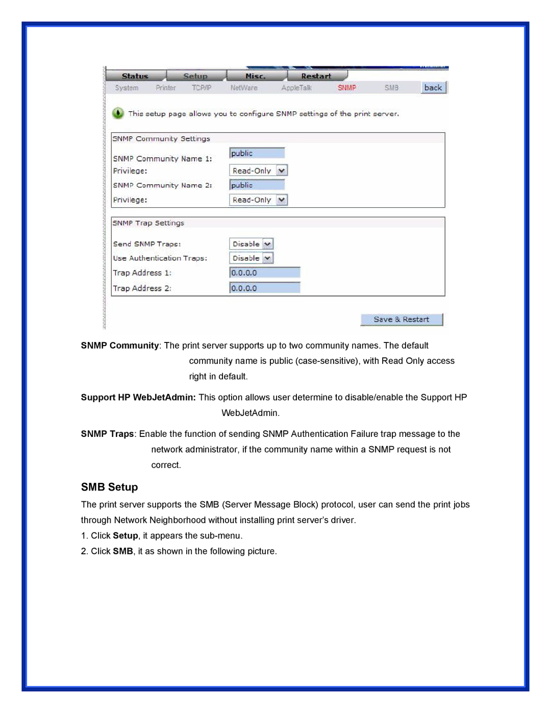 Advantek Networks APS-U3100 user manual SMB Setup 