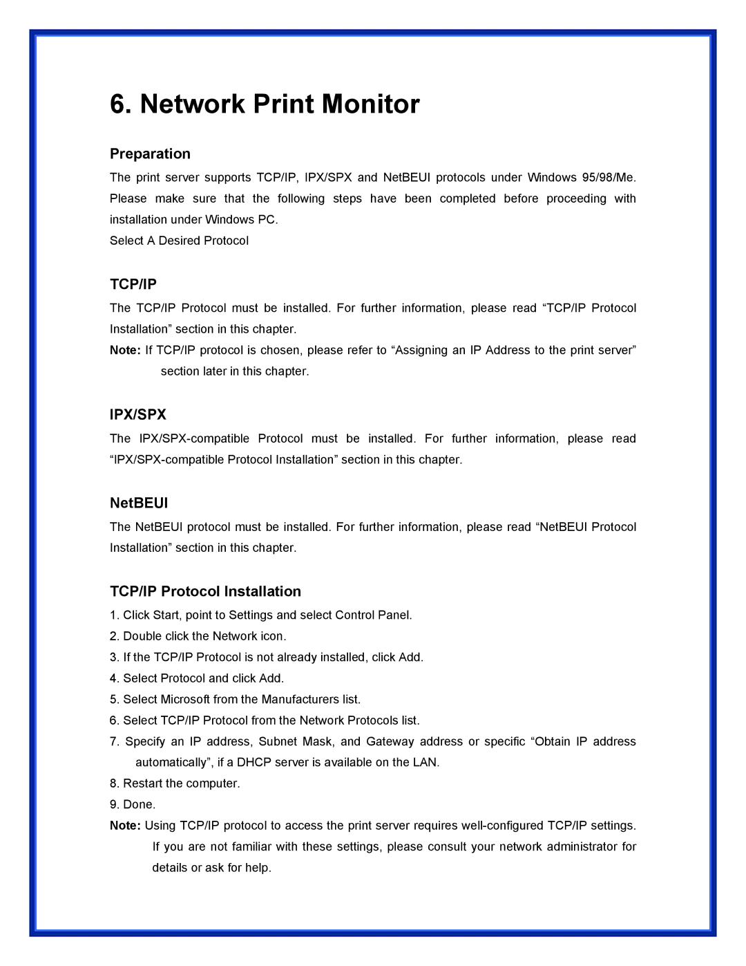 Advantek Networks APS-U3100 user manual Network Print Monitor, Preparation, NetBEUI, TCP/IP Protocol Installation 