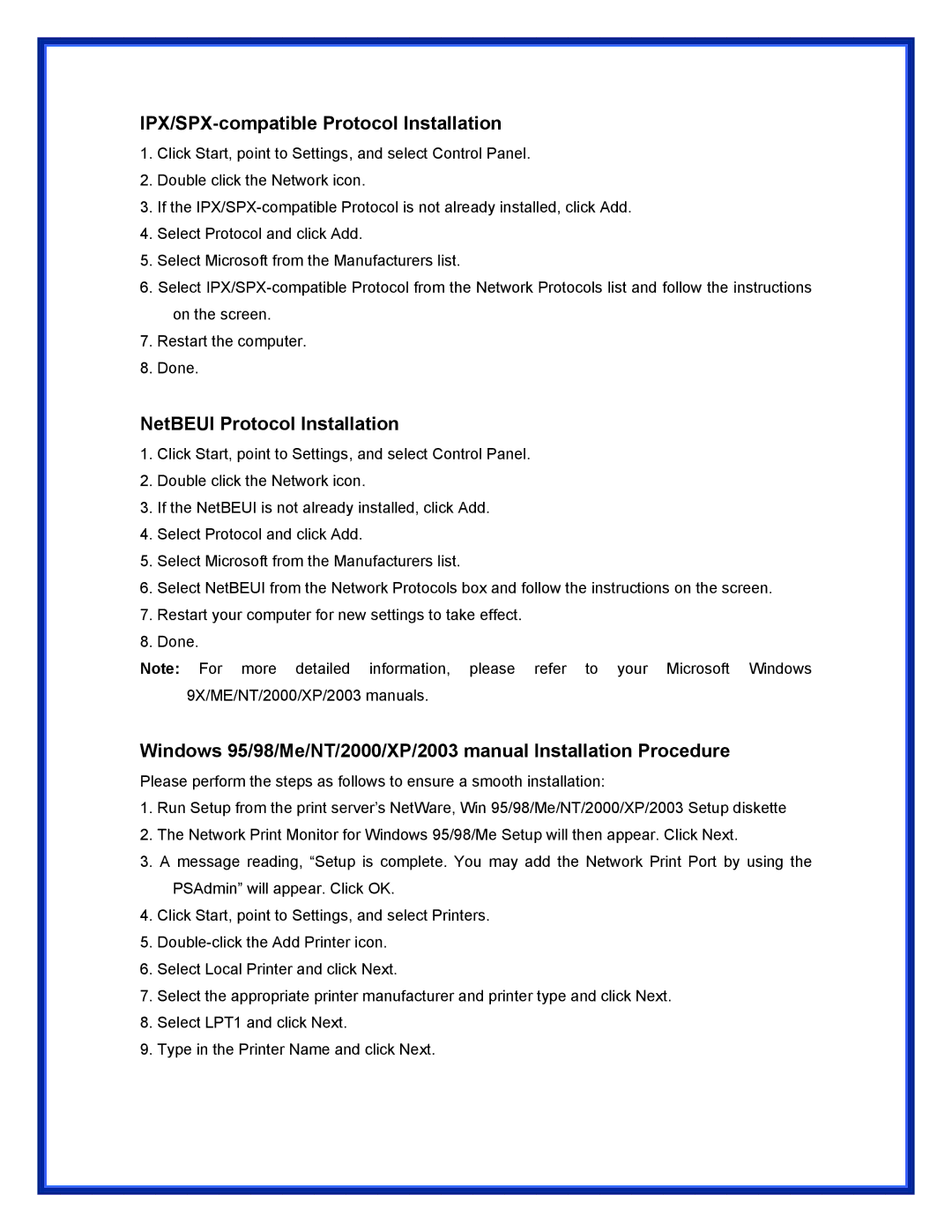 Advantek Networks APS-U3100 user manual IPX/SPX-compatible Protocol Installation, NetBEUI Protocol Installation 