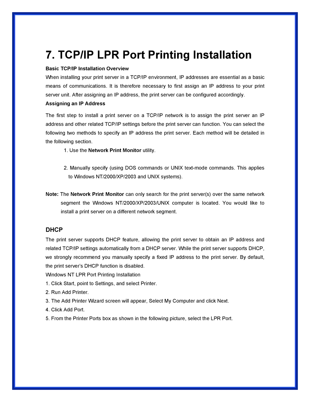 Advantek Networks APS-U3100 user manual TCP/IP LPR Port Printing Installation, Basic TCP/IP Installation Overview 