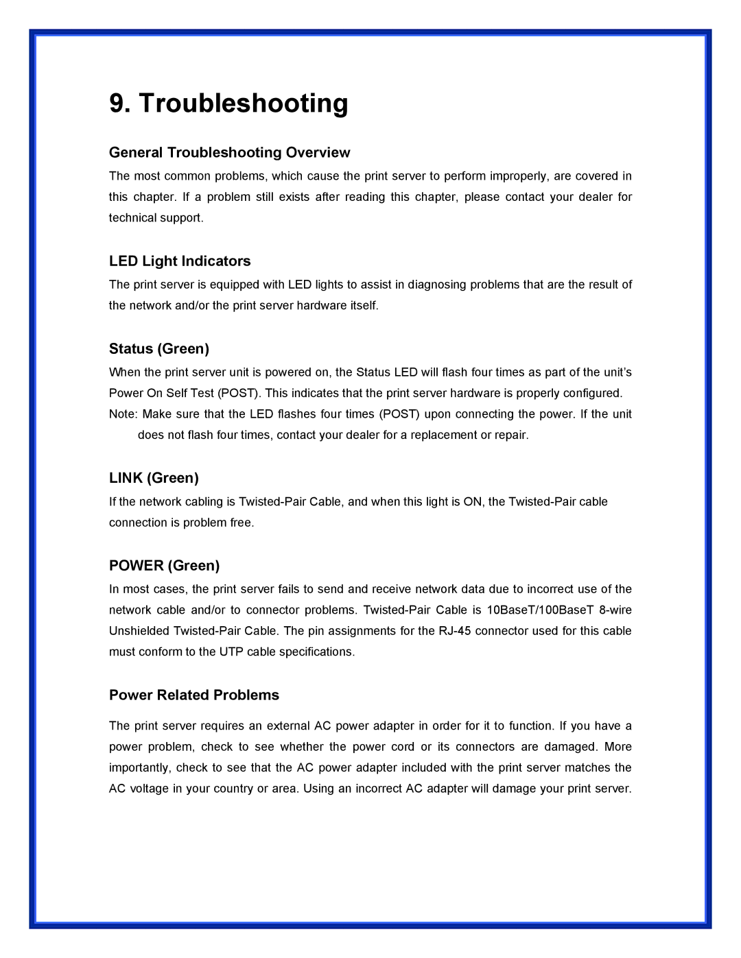 Advantek Networks APS-U3100 user manual Troubleshooting 