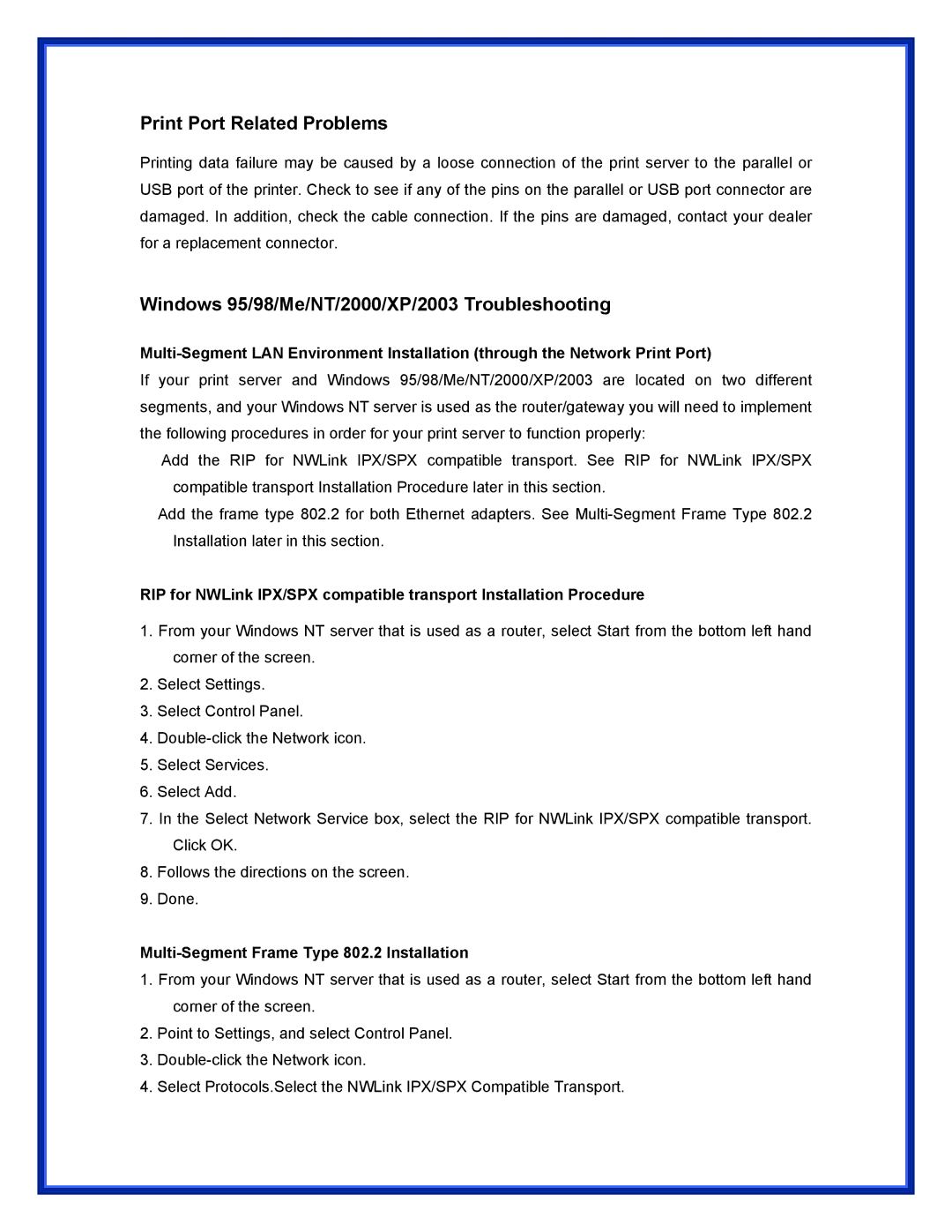 Advantek Networks APS-U3100 user manual Print Port Related Problems, Windows 95/98/Me/NT/2000/XP/2003 Troubleshooting 