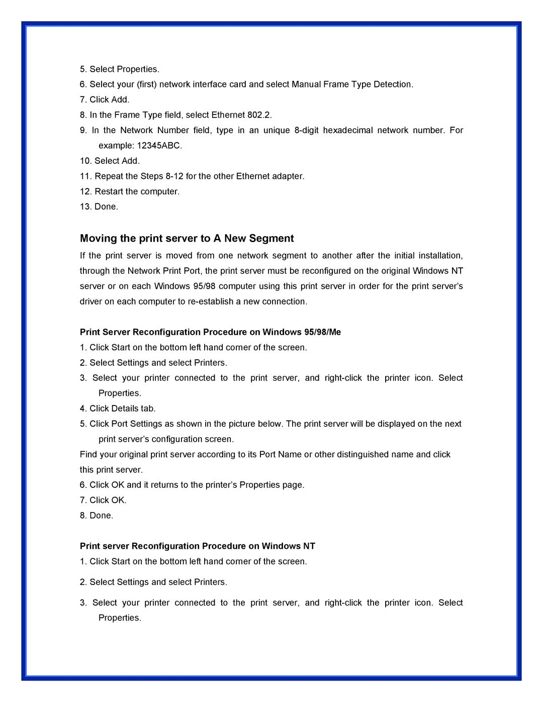 Advantek Networks APS-U3100 Moving the print server to a New Segment, Print server Reconfiguration Procedure on Windows NT 