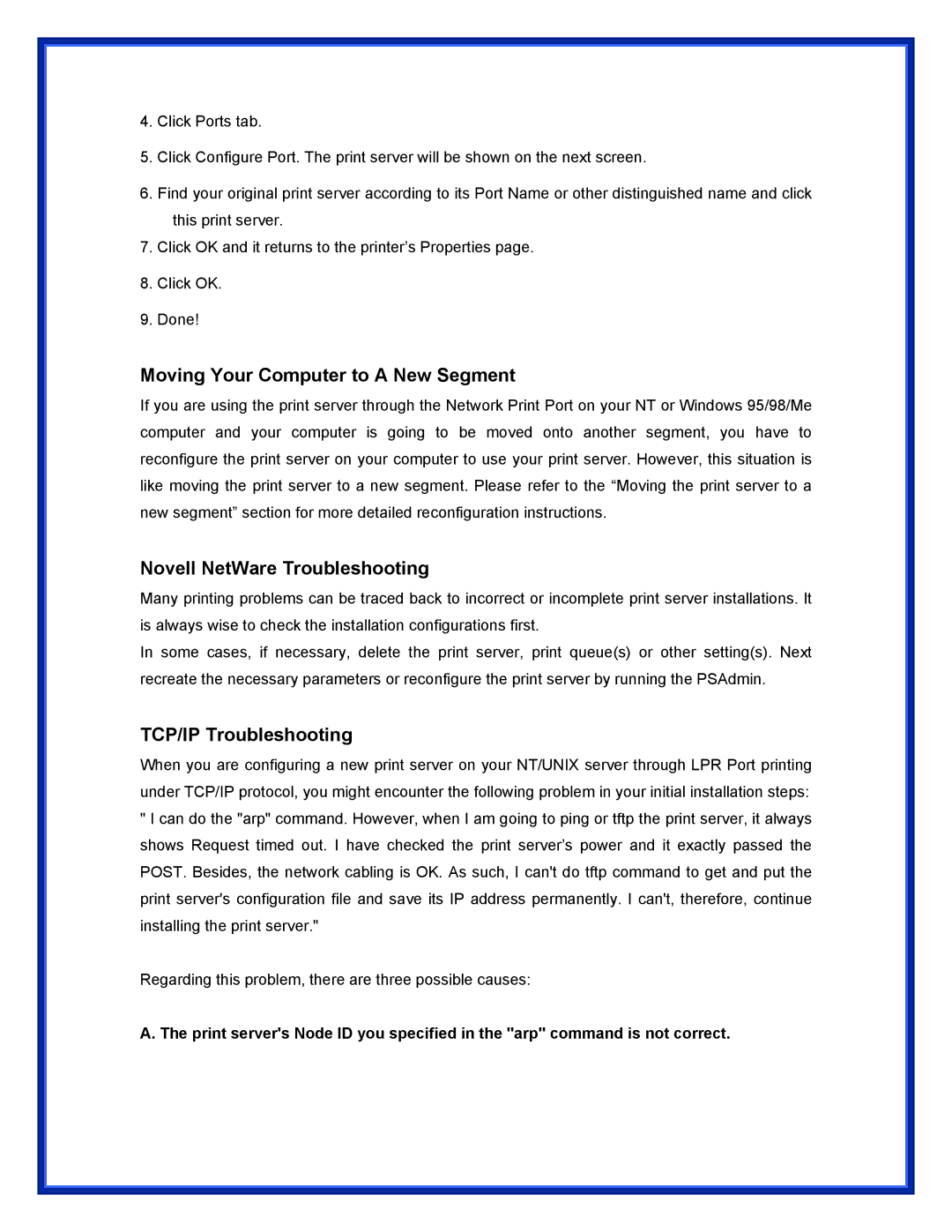 Advantek Networks APS-U3100 Moving Your Computer to a New Segment, Novell NetWare Troubleshooting, TCP/IP Troubleshooting 