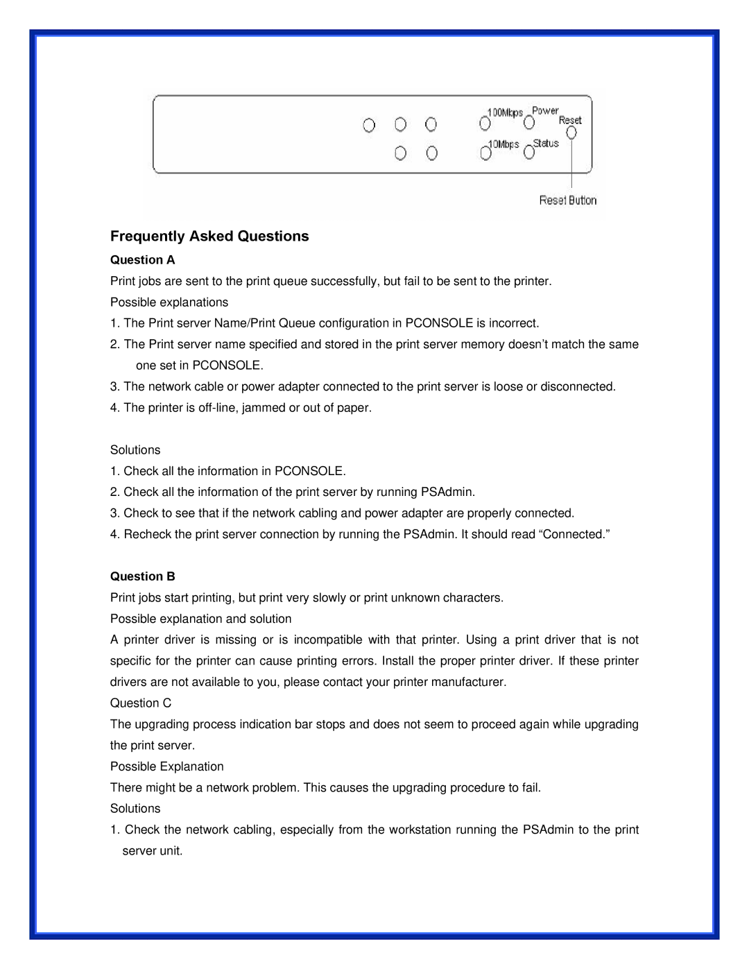 Advantek Networks APS-U3100 user manual Frequently Asked Questions, Question a, Question B 