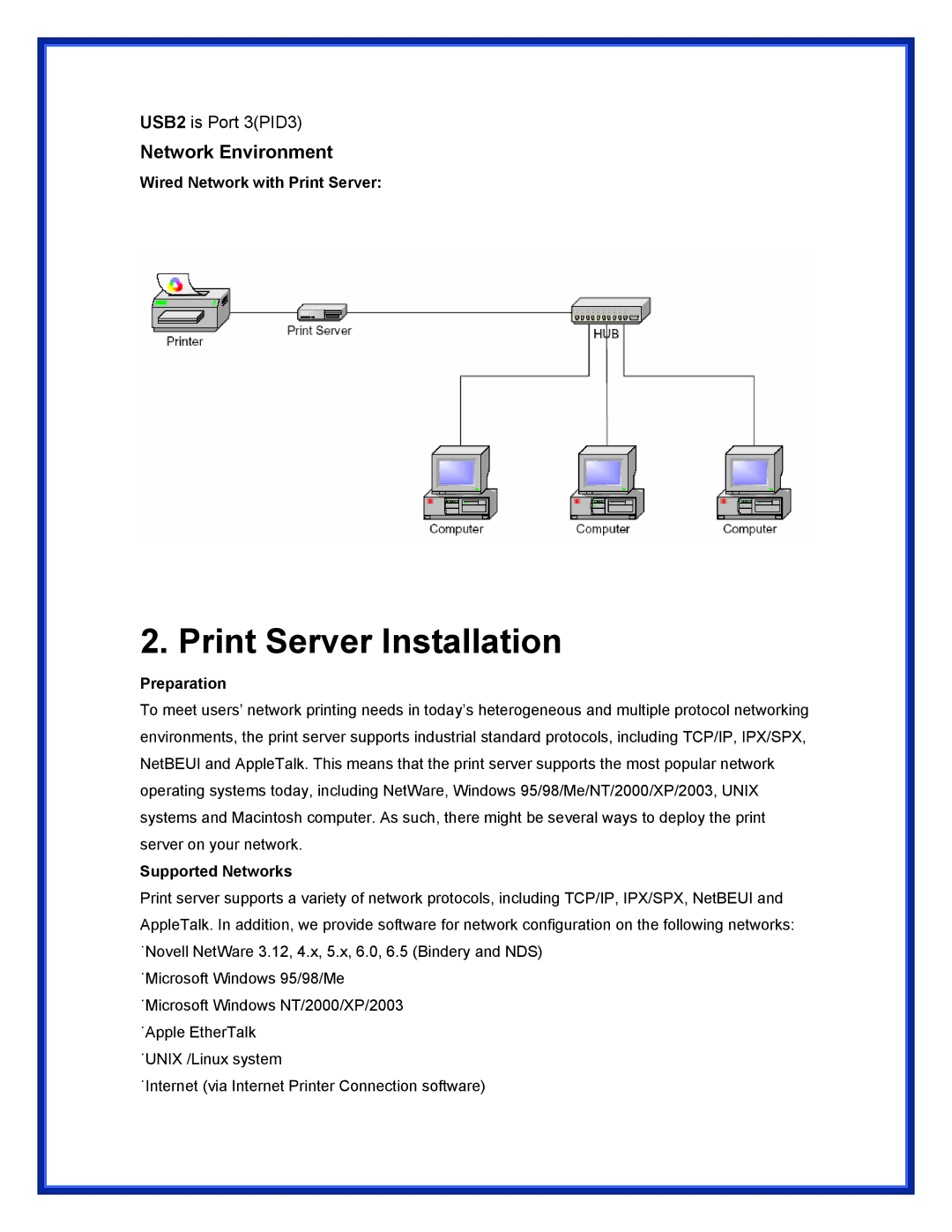 Advantek Networks APS-U3100 Print Server Installation, Network Environment, Wired Network with Print Server, Preparation 